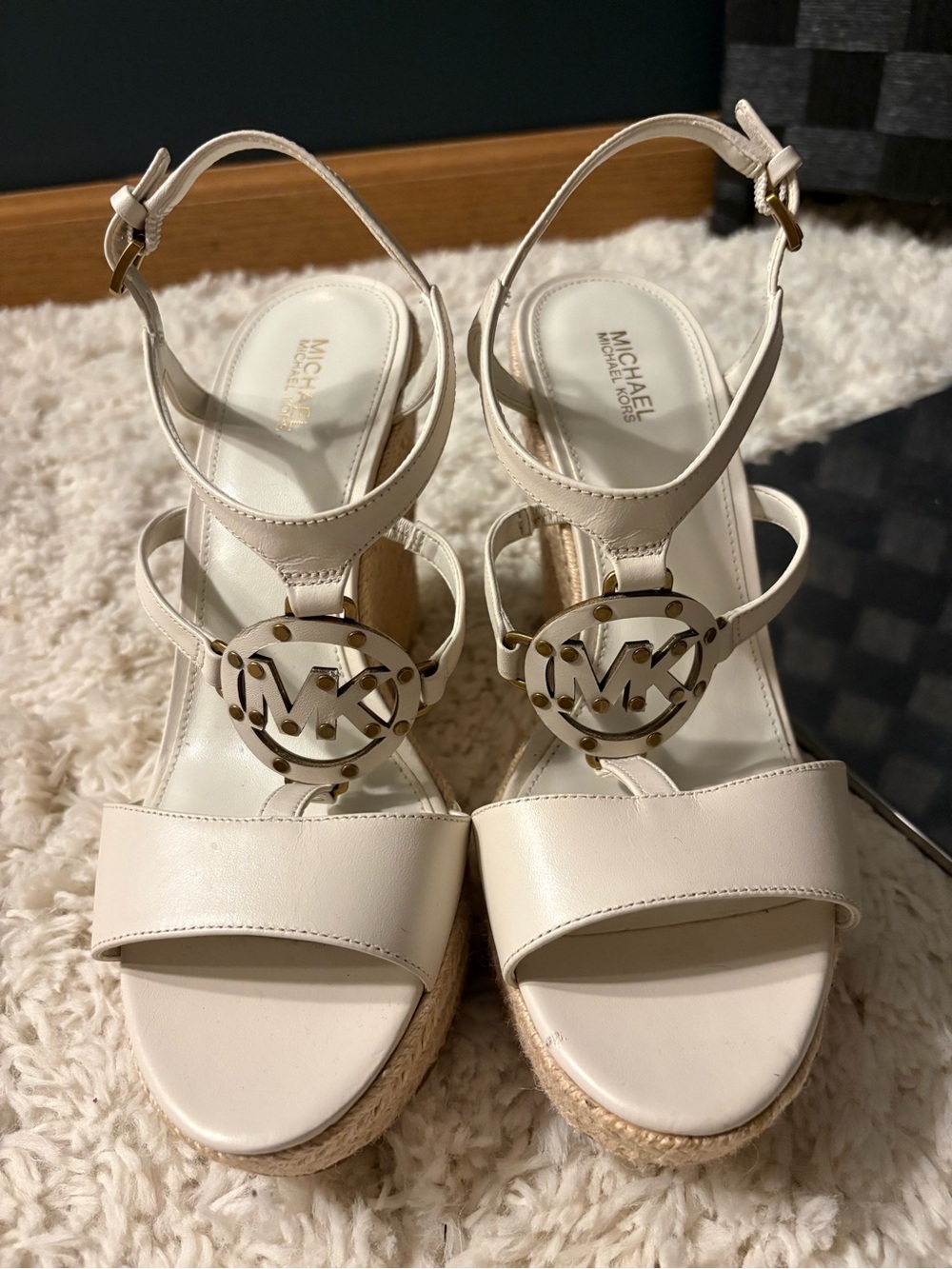 Michael Kors Kerry Cream Leather Espadrille Wedge Sandals